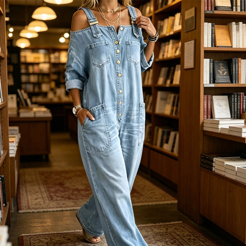 Aoife – Cold-Shoulder Denim-Look Wide-Leg Jumpsuit