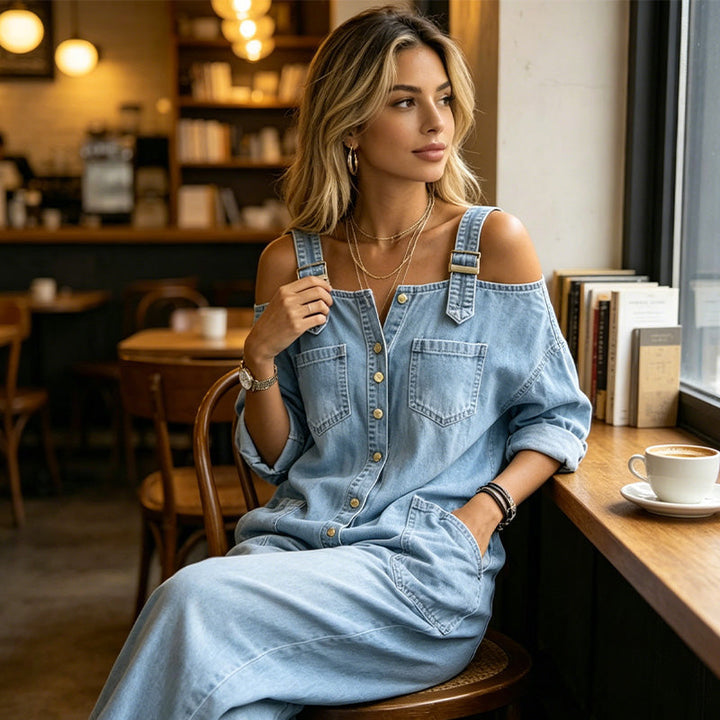 Aoife – Cold-Shoulder Denim-Look Wide-Leg Jumpsuit