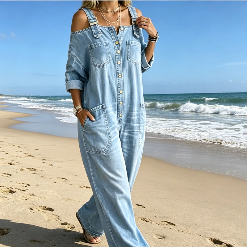 Aoife – Cold-Shoulder Denim-Look Wide-Leg Jumpsuit