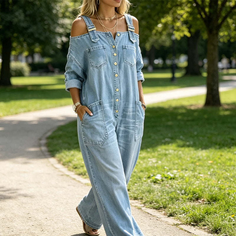 Aoife – Cold-Shoulder Denim-Look Wide-Leg Jumpsuit