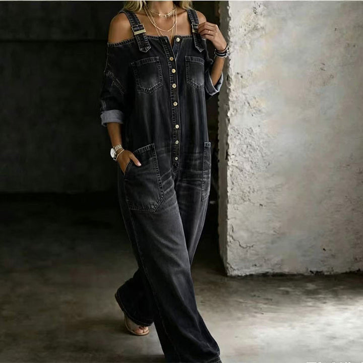 Aoife – Cold-Shoulder Denim-Look Wide-Leg Jumpsuit
