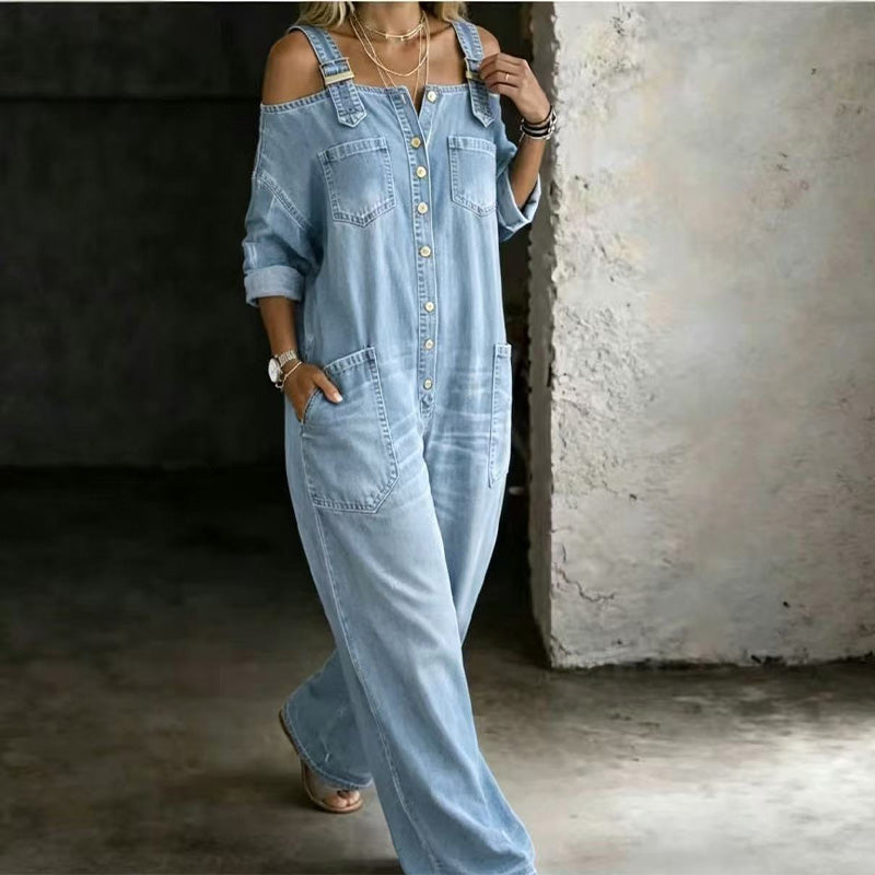 Aoife – Cold-Shoulder Denim-Look Wide-Leg Jumpsuit