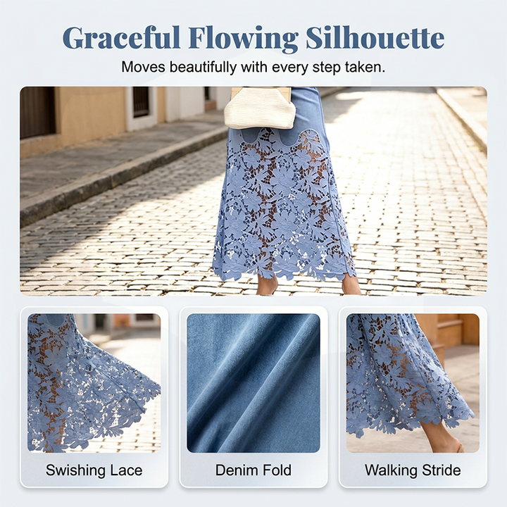 Joanna – Denim Maxi Skirt with Floral Lace Hem