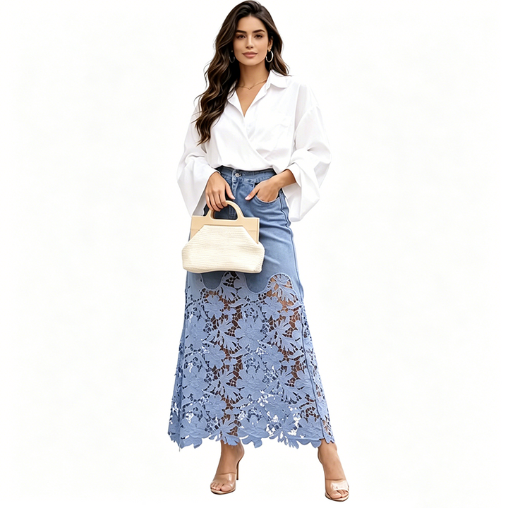 Joanna – Denim Maxi Skirt with Floral Lace Hem