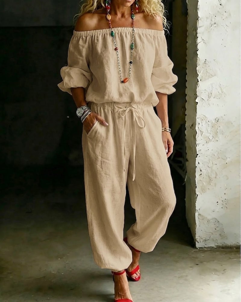 June – Off-Shoulder Drawstring Jumpsuit
