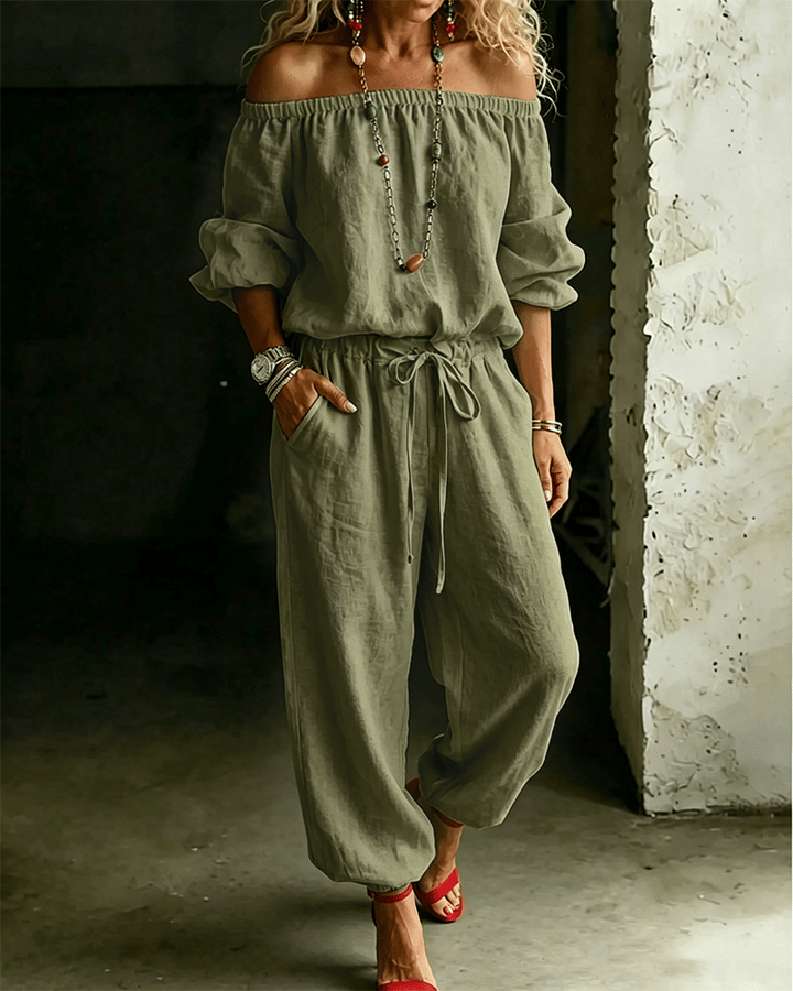 June – Off-Shoulder Drawstring Jumpsuit