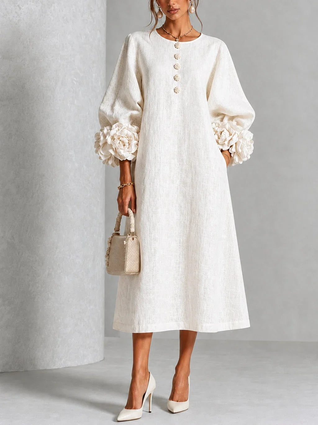 Olive – Linen-Look Midi Dress with Floral Cuffs