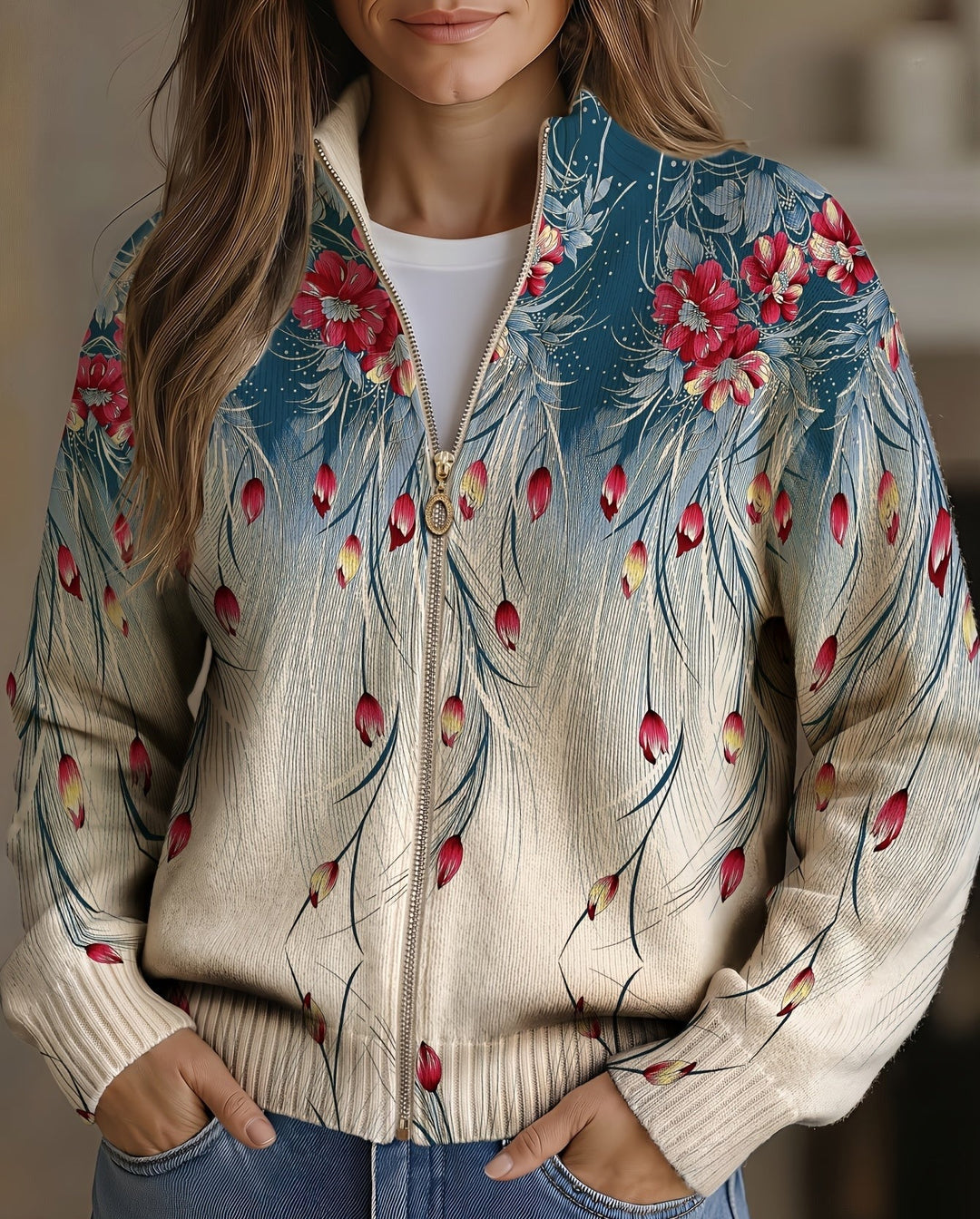 Sandra – Floral Print Full-Zip Knit Jacket